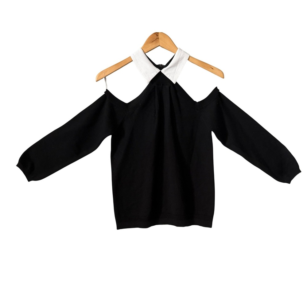 Storia Anthropologie Women Sz Sm Cold Shoulder Knit Sweater Black White Zip Back